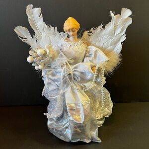 Vintage Christmas Tree Topper Angel Delicate Porcelain Victorian Silver Feather